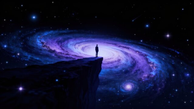 Person standing on cliff overlooking galaxy