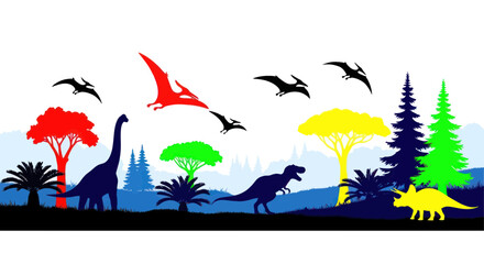Dinosaurs and flying reptiles in landscape. © puan