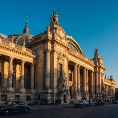 Obraz premium The iconic Grand Palais in Paris illuminated by warm sunset light, featuring grand neoclassical architecture and vintage cars driving on a cobblestone street.