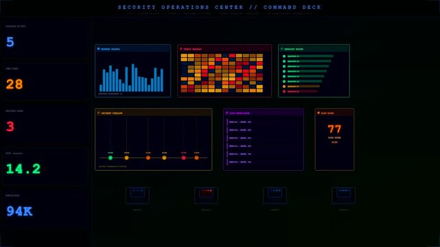 A vibrant cybersecurity threat map displays active digital surveillance analytics across three digital panels as data points fluctuate within a dark command center monitoring room environment