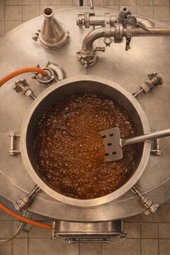 Top-down view of a mash tun where a brewing paddle slowly stirs the grain and liquid mixture during the beer-making process, showcasing traditional brewing techniques and craft beer production.