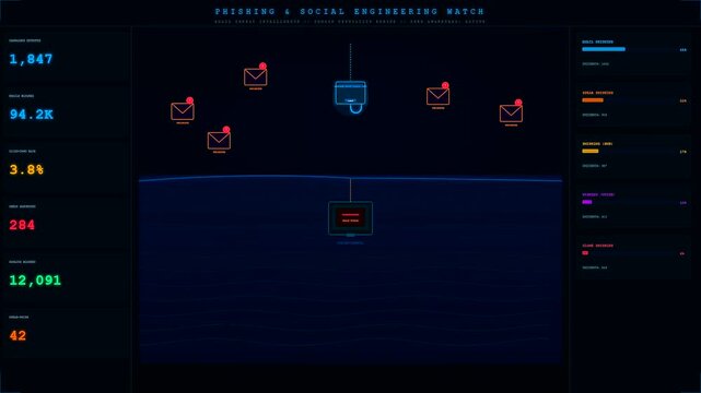 A digital cybersecurity threat map shows glowing email icons falling into a dark blue sea toward a submerged server terminal during this complex network activity visualization