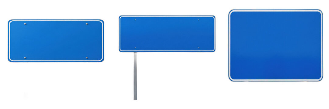 Isolated set of blank rectangular blue highway directional traffic road signs on metal posts on white background, 3d street navigation safety indicator template collection for transport direction conc