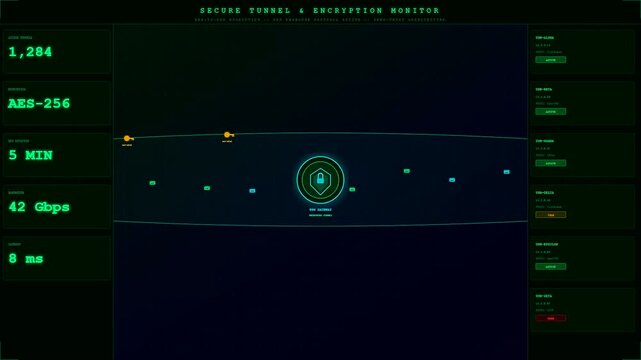 A digital cybersecurity threat map dashboard displays streaming encrypted network packets moving across nodes with glowing green metrics and numerical data sequences in a virtual environment