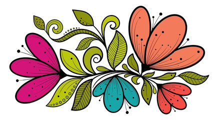Vibrant and whimsical floral illustration with stylized flowers in pink, orange, blue, and red, intertwined with green leaves and decorative swirling vines. © Sofia