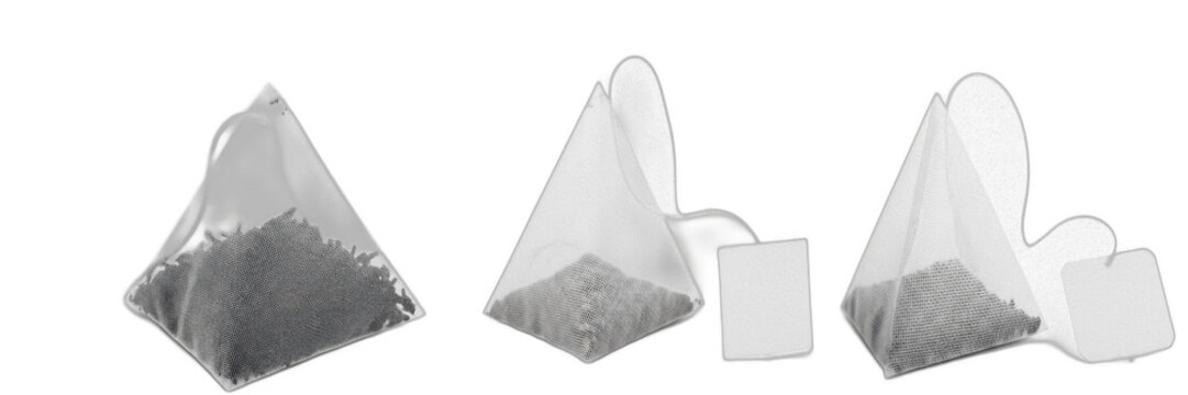 Isolated set of white mesh pyramid tea bags with string and empty paper tags on white background, 3d organic herbal beverage mockup collection for healthy drink package branding design concept