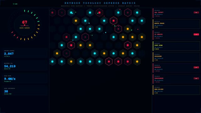 a digital cybersecurity threat map glows with radiant hexagonal grid patterns pulsing across a dark screen interface as streaming data flow shows rapid system security alerts