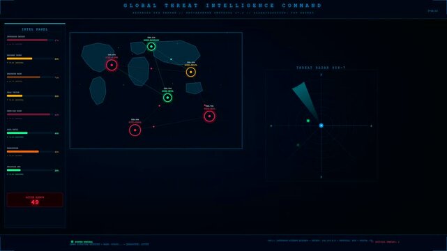 A digital cybersecurity threat map glows with neon green and blue light while complex data points shift across a dark panel during a surveillance scan