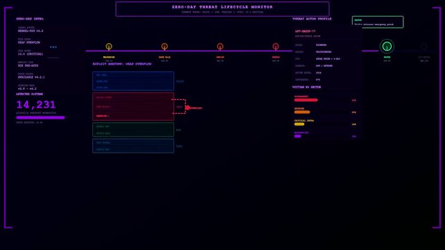A digital cybersecurity threat map glows with neon purple interface elements displaying global network vulnerabilities and server status updates during a routine software security assessment process
