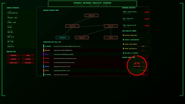 a complex cybersecurity threat map displays critical network activity on a digital screen while data packets flow through nodes in a dark laboratory setting