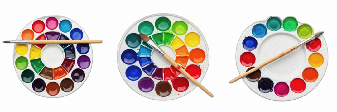 Isolated set of round plastic watercolor art paint palettes with colorful wells and wooden brushes on white background, 3d creative hobby craft tool collection for fine arts drawing and childhood educ