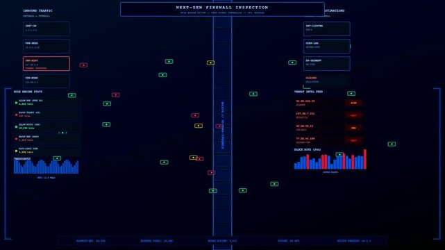a glowing digital cybersecurity threat map monitoring network traffic flow with animated status icons and data charts on a deep dark blue futuristic interface display