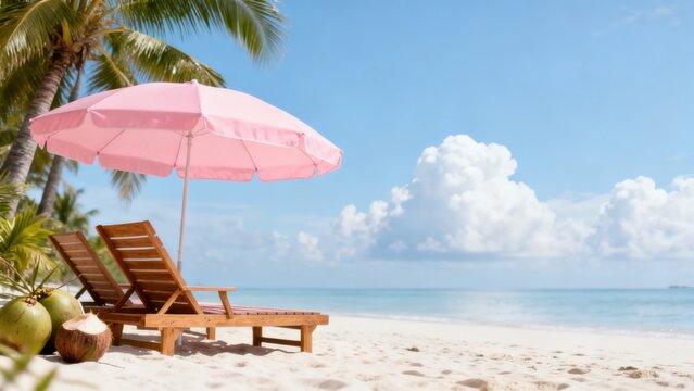 Beach with lounge chairs and pink umbrella