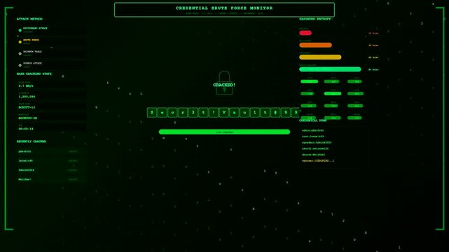 Monitoring a digital Cybersecurity Threat Map featuring glowing green code and progress bars showing a successful hacking attempt on a dark computer monitor display screen interface