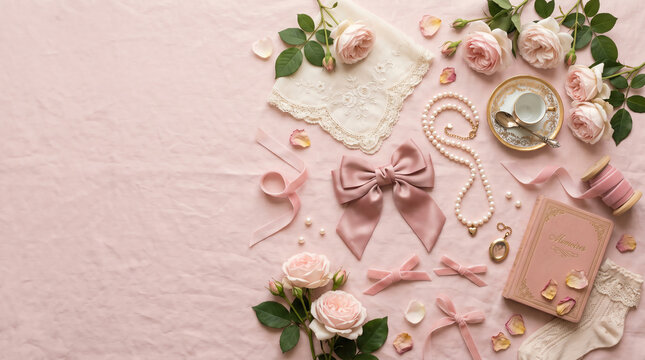 elegant romantic flat lay featuring large pink silk bow vintage book memories and porcelain teacup with roses on pink linen background with copy space