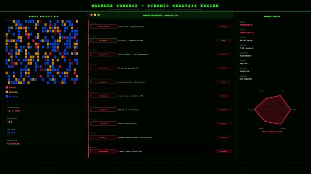 a glowing digital cybersecurity threat map rendered in green and red neon hues across a dark interface window monitoring malicious software activity in real time