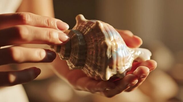 Hands gently holding a large spiral conch seashell in sunlight