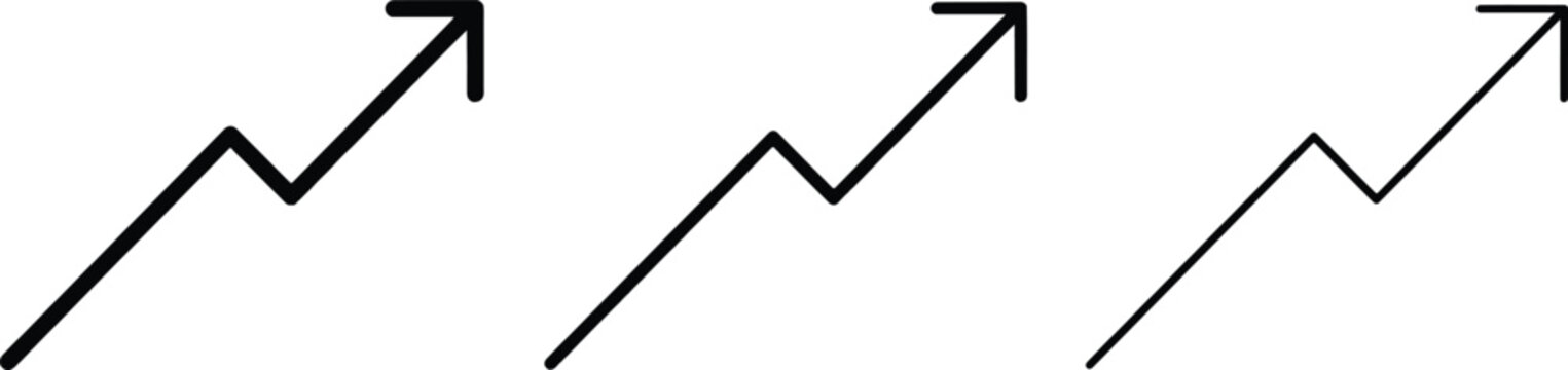 Minimalist upward trend arrow vector icons set with thick medium and thin lines for business growth and financial analysis,