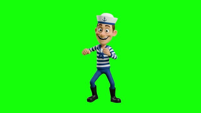 A cheerful 3D animated sailor mascot in a classic striped white and blue shirt, white captain hat, and boots dances energetically against a solid green screen backdrop. Perfectly pre-keyed for marine 