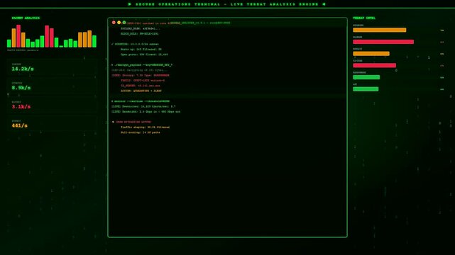 a green glowing cybersecurity threat map dashboard showing complex data streams and analytical graphs within a digital monitor interface for monitoring malicious network activity patterns globally