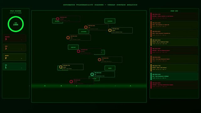 a green cybersecurity threat map interface shows progressive data analysis flow across three screens representing systematic network monitoring of vulnerable server nodes and connection paths