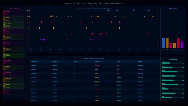 A digital cybersecurity threat map shows shifting data patterns across three dark screens displaying glowing points and statistical bar charts during a complex network surveillance process