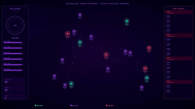a glowing cybersecurity threat map showing network nodes with connected lines in a dark digital interface displaying data packet flow and monitoring software analytics