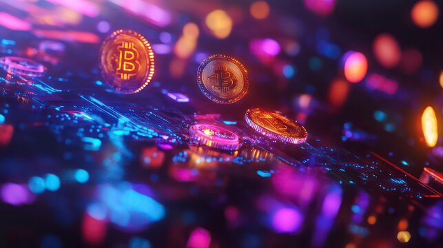 Golden bitcoins hover over a vibrant circuit board, illuminated by colorful lights.