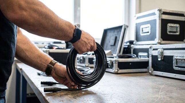 Audio visual technician holding a neatly coiled black XLR cable in a workshop with flight cases