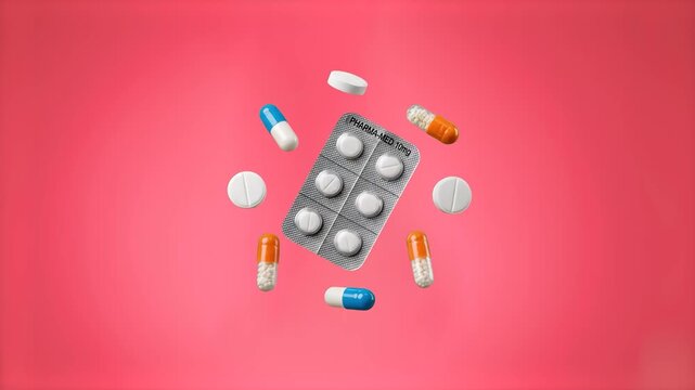 A silver blister pack filled with medical tablets is surrounded by various floating capsules and pills over a vibrant pink backdrop. This stylized 3D animation is designed for healthcare marketing, ph