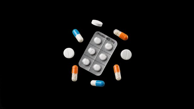 A sharp contrast studio photo featuring a silver pill blister pack surrounded by colorful medical capsules and white pills, isolated against a solid pitch-black background. This high-density static vi