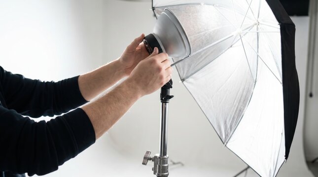 Photographer adjusting the settings on a strobe light with a white umbrella in a photo studio