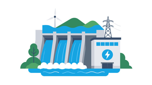 Hydroelectric Dam Power Plant with Turbines and Lake.