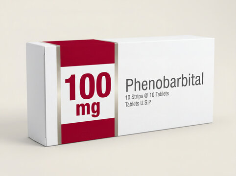 Pharmaceutical packaging of Phenobarbital 100 mg tablets on white background