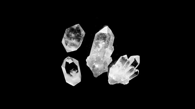 A high-quality 3D animation featuring multiple raw clear quartz point crystals floating and rotating slowly against a black backdrop. This beautiful, high-contrast loop is ideal for holistic branding,