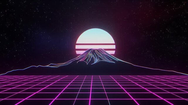 Retro synthwave landscape with a glowing sun and wireframe mountain against a starry night sky.