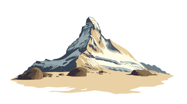 Sharp mountain peaks capped with snow, surrounded by brown rocks and a desert-like base