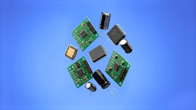 Green PCB circuit boards, microchips, capacitors, and various electronic parts levitating in a loose cluster. This high-tech animation represents hardware manufacturing, engineering, and computing tec