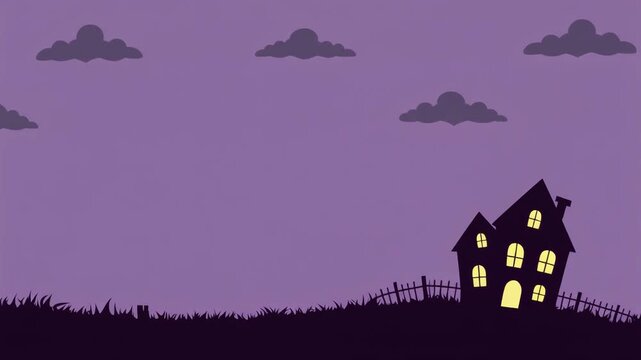 Spooky haunted house silhouette against a purple night sky with clouds and a fence.