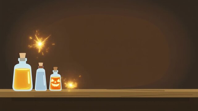 Halloween magic potion bottles on a wooden shelf with glowing sparkles and dark background.
