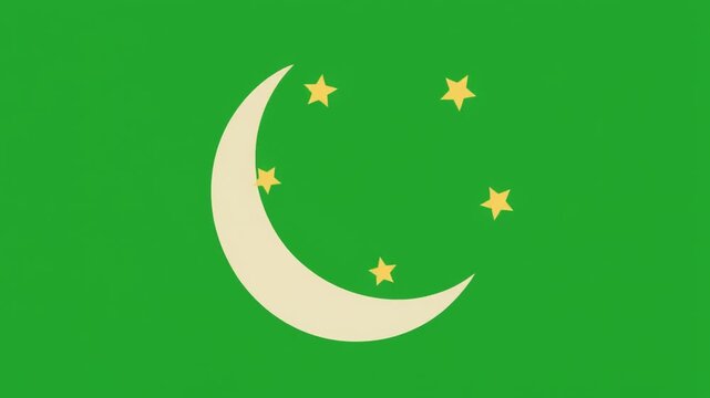 A green flag featuring a white crescent moon and five yellow stars in a circular pattern isolated on green screen chroma key background.