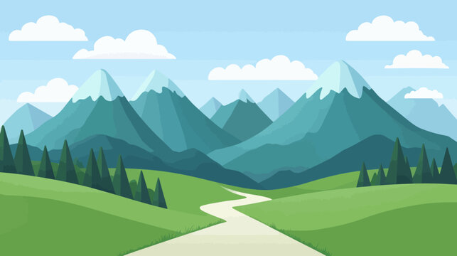 Tranquil valley with a winding path through green hills toward distant mountains