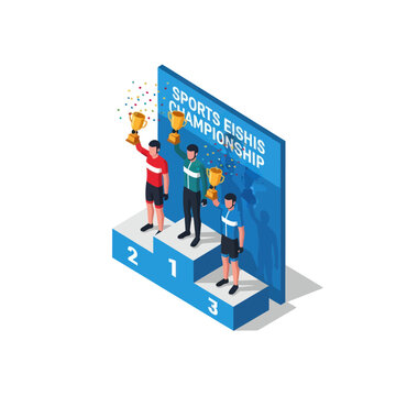 People standing on podium with trophies.
