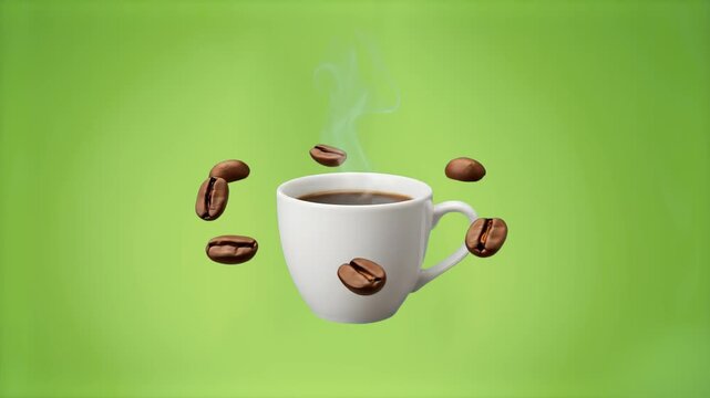 A white ceramic cup of steaming hot black coffee floats mid-air among flying whole roasted coffee beans. This stylized 3D render is ideal for organic coffee advertisements, cafe menus, and culinary vi