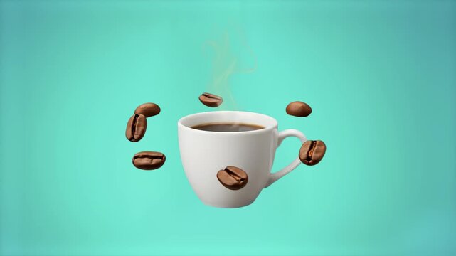 A white ceramic mug filled with steaming hot black coffee, surrounded by floating coffee beans. Set against a refreshing mint green backdrop, this clip is ideal for cafe branding and morning promos.