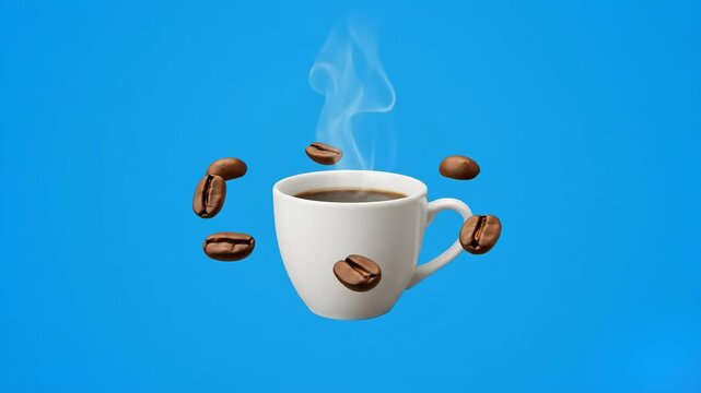 A white ceramic cup filled with steaming hot black coffee, surrounded by floating roasted coffee beans. This clean studio animation features a bright sky blue background, perfect for cafe promos and m