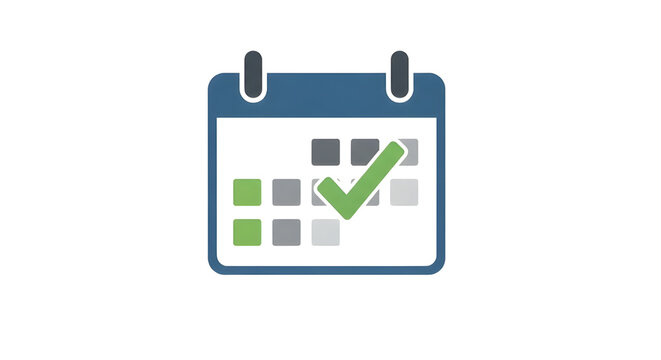 Calendar icon with green checkmark for appointment scheduling, digital planner symbol for task management, blue and grey organizer graphic for deadline tracking