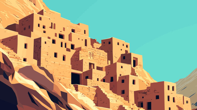 Sunlit adobe hillside village of stacked homes beneath a teal desert sky, sunlit