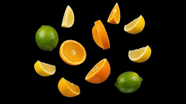 A dynamic 3D rendering of freshly cut orange and lime slices floating and falling through mid-air against a solid black backdrop. Perfect for dramatic food transitions, cocktail menus, and fresh juice