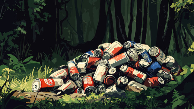 Pile of crushed metal cans sits in shadowy forest clearing among moss and trees